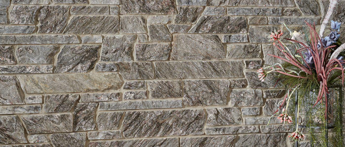 A closeup photo of stone veneer from the Glitter Series, a unique new line of sparkling natural stone.
