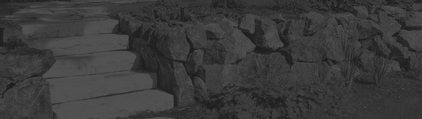 A black and white picture of stone steps cutting through a natural stone retaining wall.