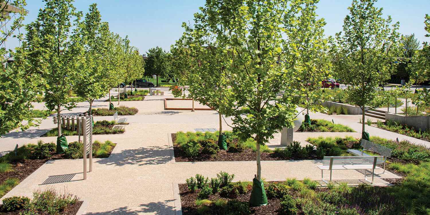 A blend of Kafka's Beige Blend Marble and Botticino Marble Stabilized Pathway Mix at the Krause Gateway Center in Des Moines, Iowa.