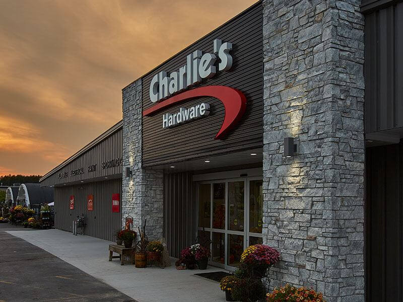 Kafka's Misty Gray Dimensional Thin Stone Veneer on the facade of Charlie's Hardware in Mosinee, WI