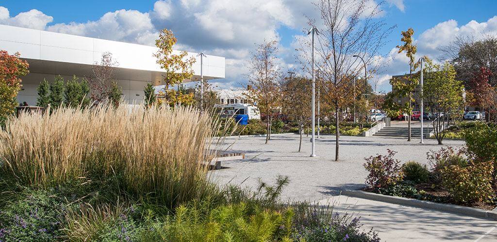 A large square patch of landscaping outside of a building is covered with pathway material.