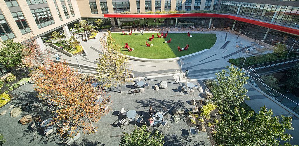 The beautiful courtyard of the American Greetings Headquarters in Westlake, Ohio is shown.