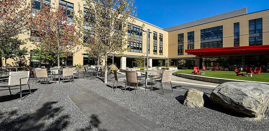 The beautiful courtyard of the American Greetings Headquarters in Westlake, Ohio is shown.