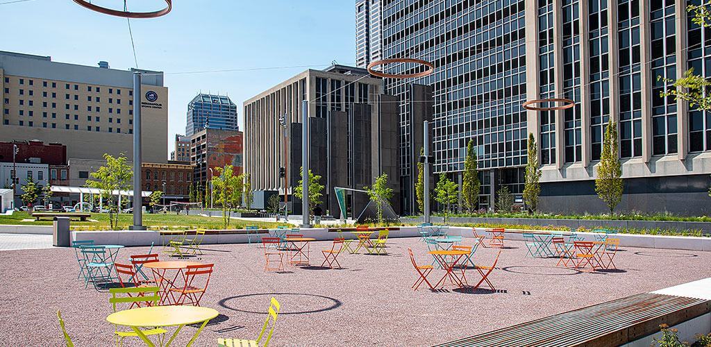 The Richard G. Lugar Plaza is shown with beautiful Antique Rose Marble Stabilized Pathway Mix covering the seating areas.