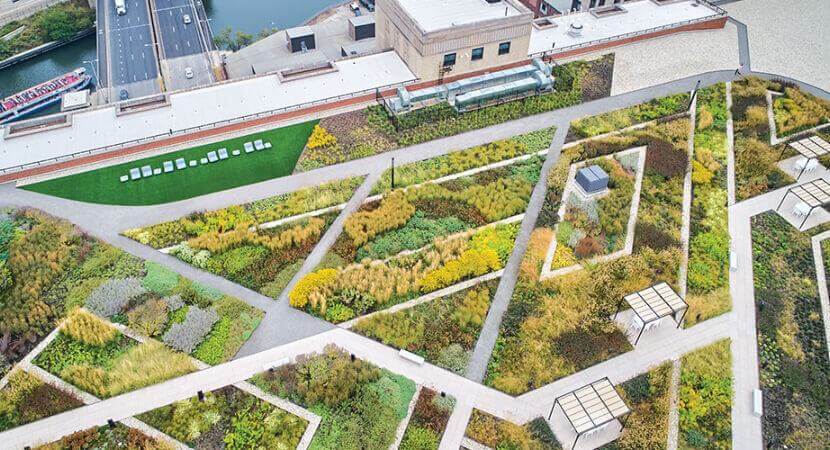 The Meadow, a rooftop oasis in downtown Chicago, is shown from above with its geometric pathways and garden beds.