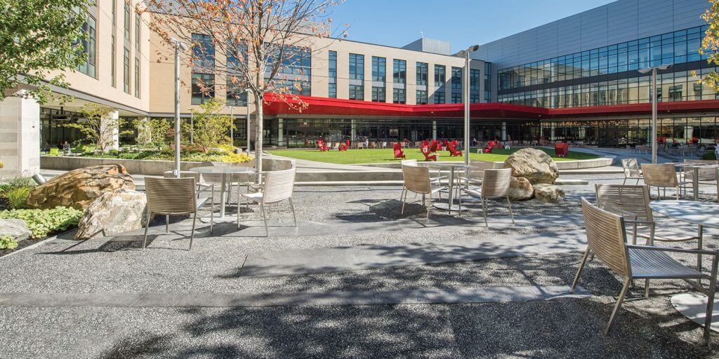 A custom combination of Starlight Black Granite, Salt & Pepper Granite, and Snow White Granite Stabilized Pathway Mix for the campus of the American Greetings Headquarters in Westlake, Ohio.