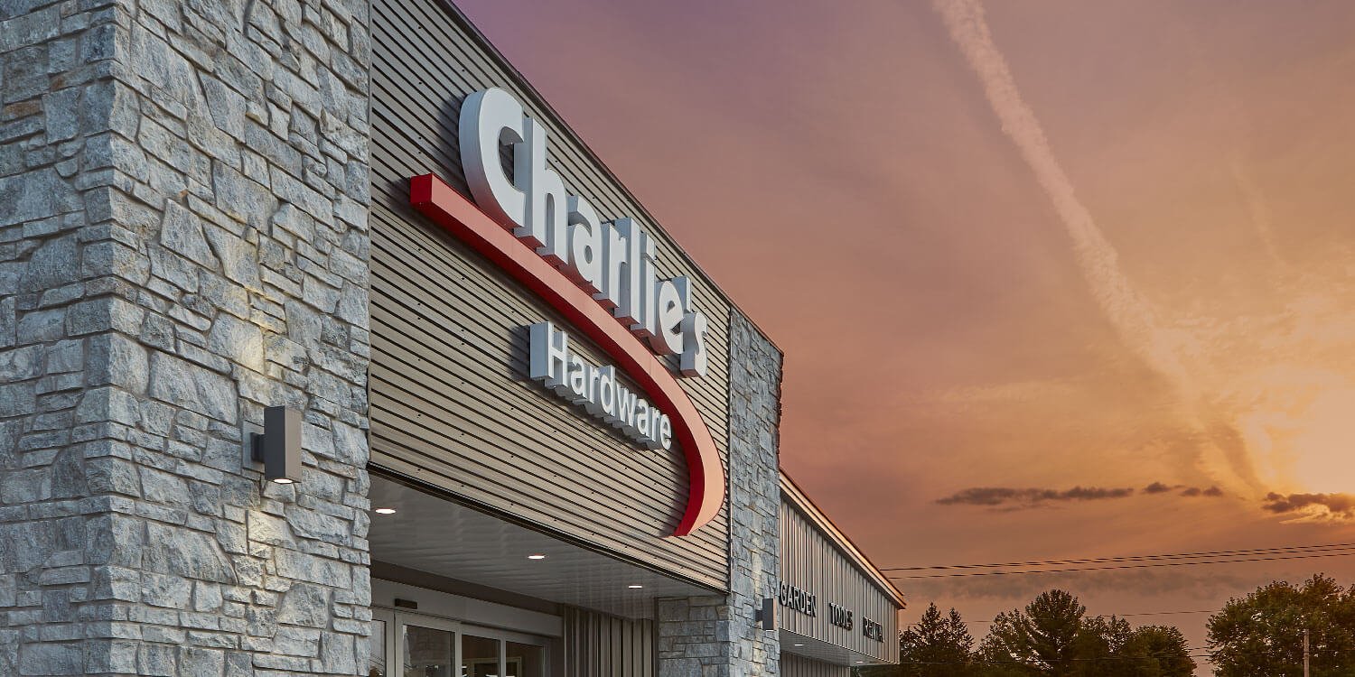 Charlie's Hardware featuring Kafka's Misty Gray Dimensional Thin Stone Veneer