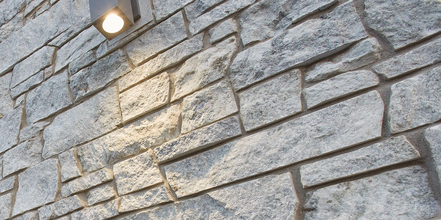 Charlie's Hardware featuring Kafka's Misty Gray Dimensional Thin Stone Veneer