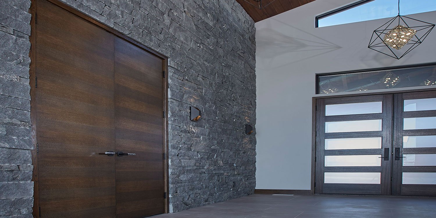 Kafka's Ebony Glitter Dimensional Drystack Thin Stone Veneer walls and fireplace accents